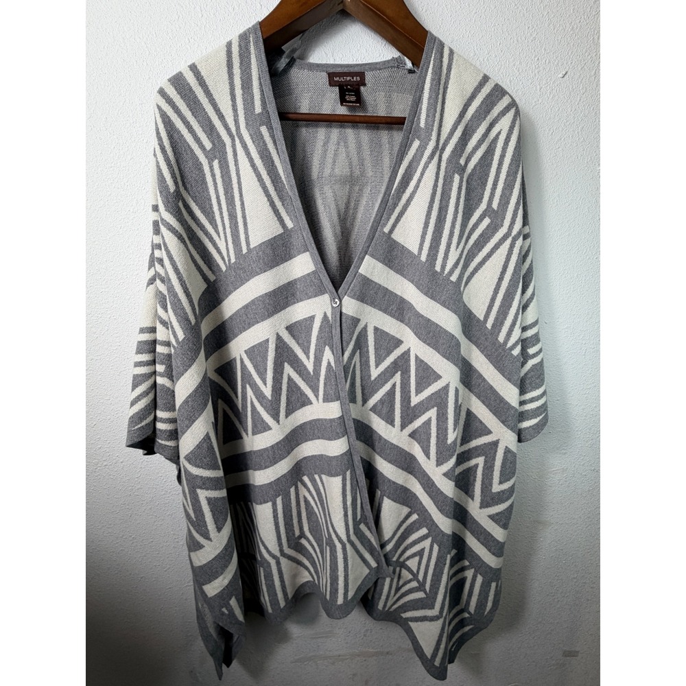 Multiples Women Poncho S Grey White Geometric Tribal Button Knit Wrap Sweater